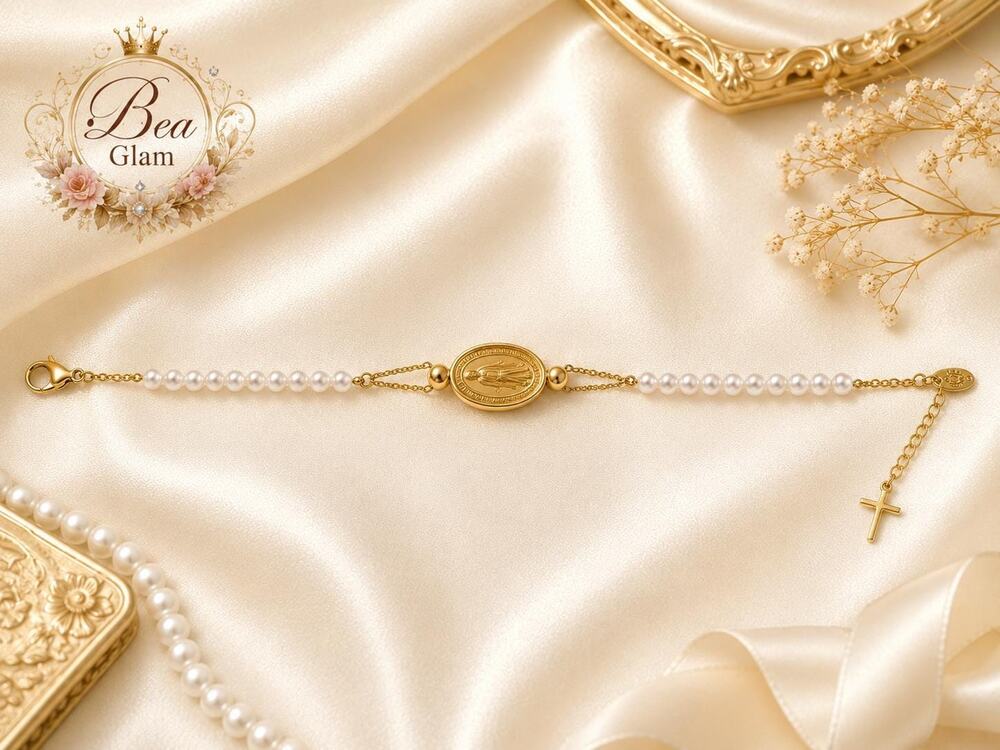 Sterling Silver Pearl Bracelet Virgin Mary Medallion – Italian Made, Gold Plated